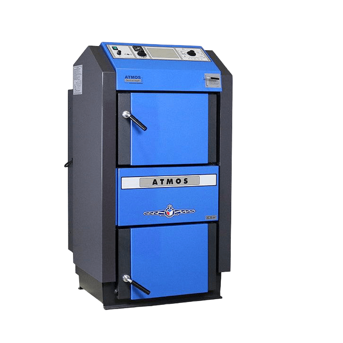 Atmos Holzvergaser Atmos GSE Serie 50 kW, blaue und graue Gasifikationsheizung