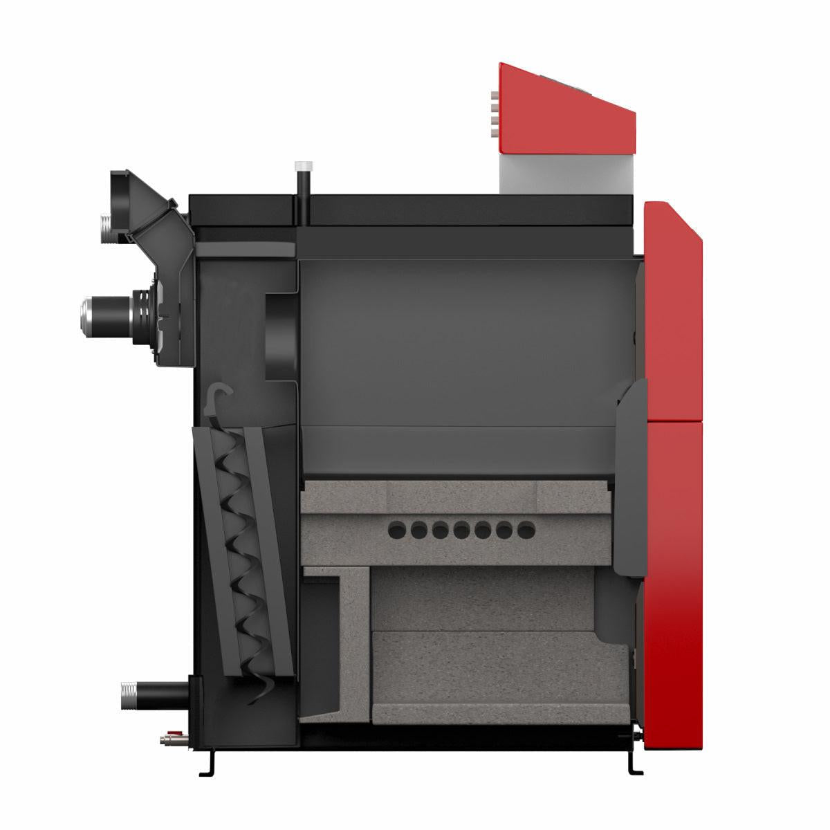 Schnittansicht eines roten und schwarzen Holzvergasungskessels Attack DPX 15 kW