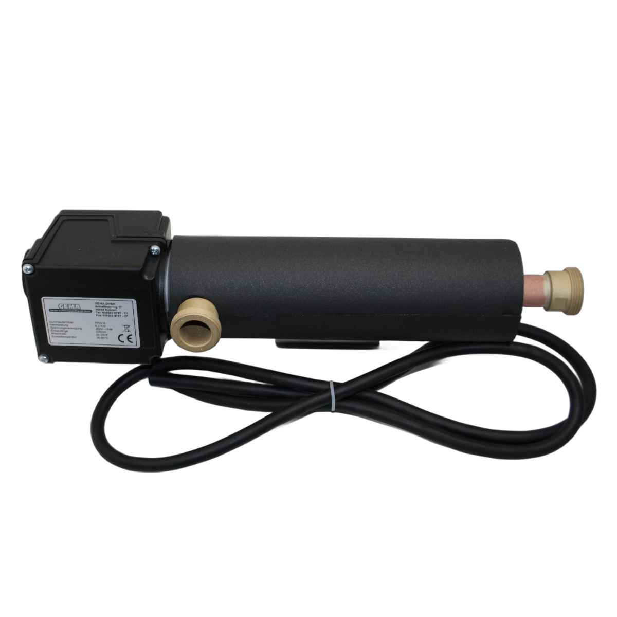 Schwarzer zylindrischer Durchlauferhitzer mit Elektrokasten und Stromkabel