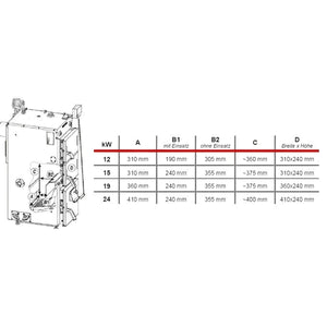 Technisches Diagramm mit Abmessungen des Defro Firewood Plus 12 kW Scheitholzkessels