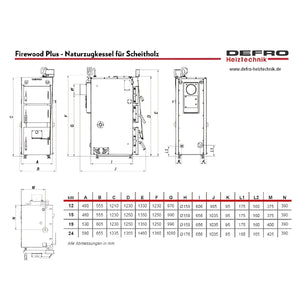 Maße und Spezifikationen des Defro Firewood Plus 12 kW Scheitholzkessels