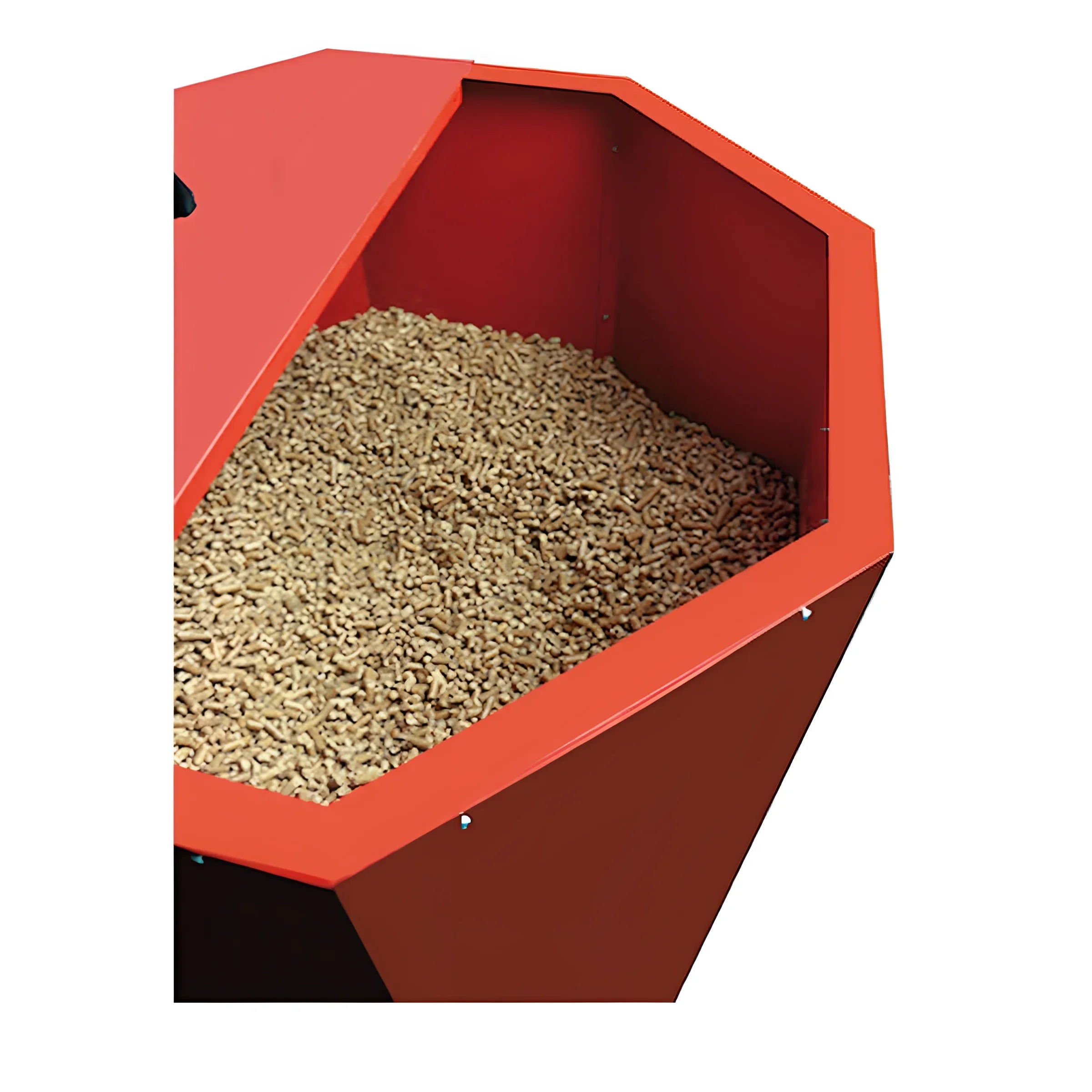Atmos Pelletsilo in roter Farbe mit Holzpellets 🌲 für effiziente Lagerung und Nutzung von Platz.