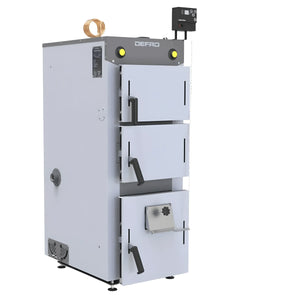 Weißer drei-türiger Festbrennstoffkessel Defro Firewood Plus 12 kW Scheitholzkessel