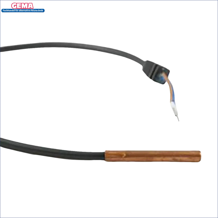 Schwarzes Kabel mit kupferfarbenem Sensor für Irleh Plus 20-80 kW Steuerung