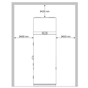 Daikin Altherma M HW 200 dimensions diagram: height >300mm, width >600mm, depth >600mm for optimal installation.