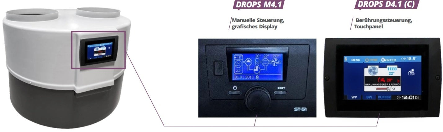 Kompakte Lüftungs- oder Luftreinigungssystem mit manueller und Touch-Control für Brauchwasser Heizungswärmepumpe DROPS M4.1M