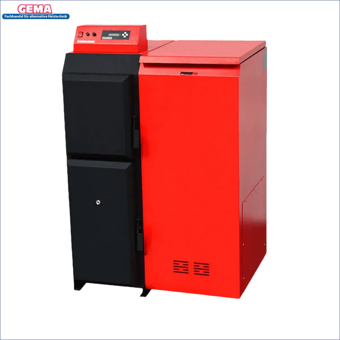 Rotes und schwarzes Heizgerät Thermoflux Pelling 25/75 mit Pufferspeicher