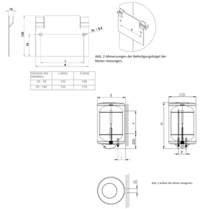 Technische Zeichnung des Elektro Hängespeichers mit Abmessungen, Volumen und Installationsdetails 📏💧