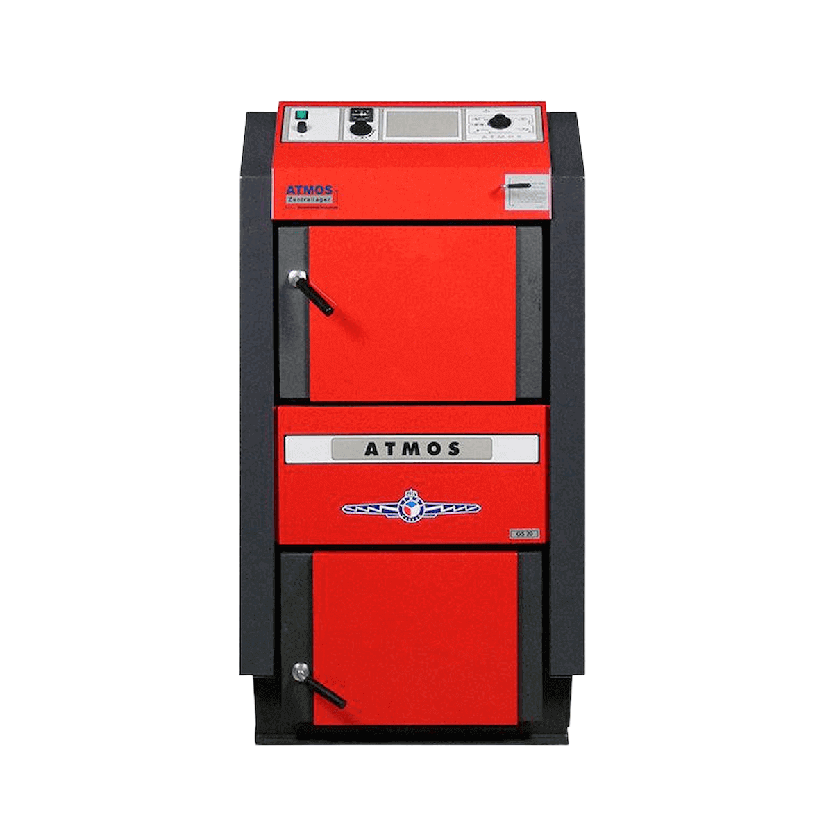 Heizkessel Atmos GS Holzvergaser 15 kW 🔥 - Effiziente Wärme mit 87,1% Wirkungsgrad 🌡️ in auffälligem roten Design.