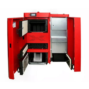 Offener roter Kessel für Thermoflux PID Logic Kombikessel 25 kW Holz und Pellets