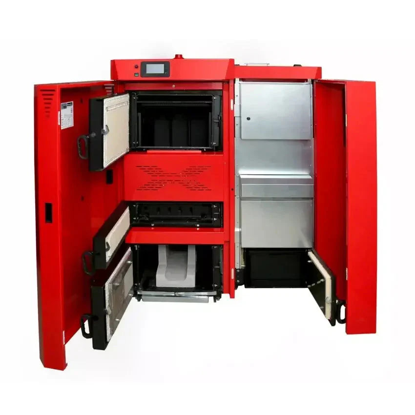 Offener roter Kessel für Thermoflux PID Logic Kombikessel 25 kW Holz und Pellets