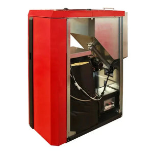 Roter und silberner Pelletkamin im modernen Thermoflux PID Logic Kombikessel Design