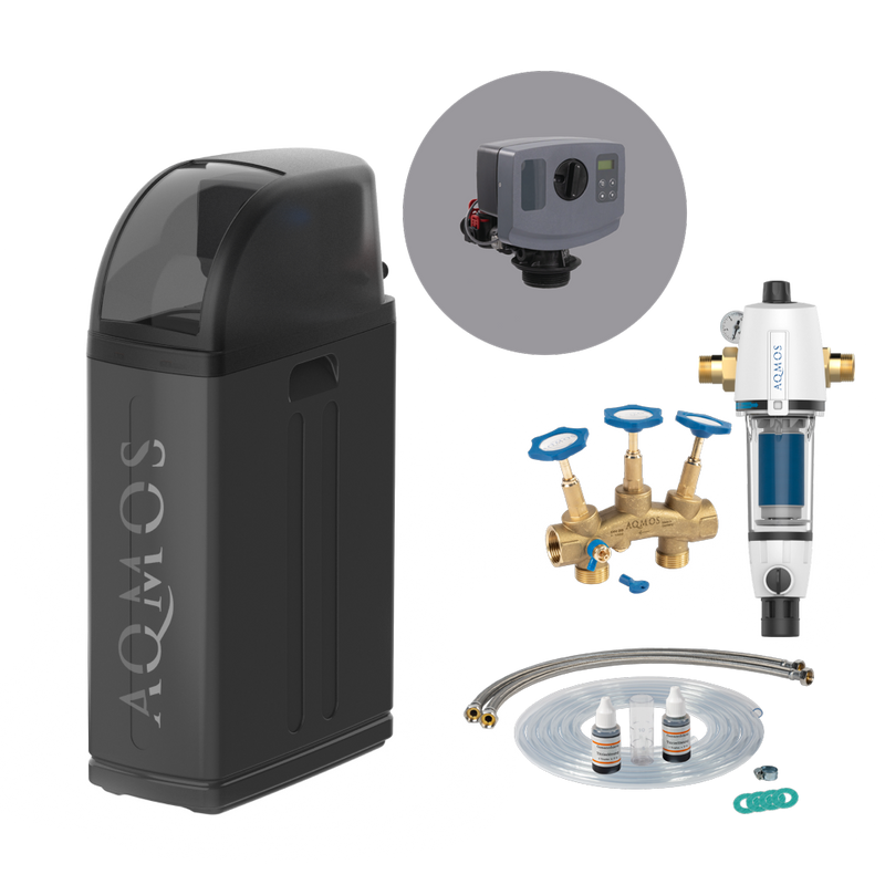 Vízlágyító berendezés AQMOS R2D2-48 Black Edition szett visszaöblítő szűrővel, csatlakozókészlettel és szerelőblokkal