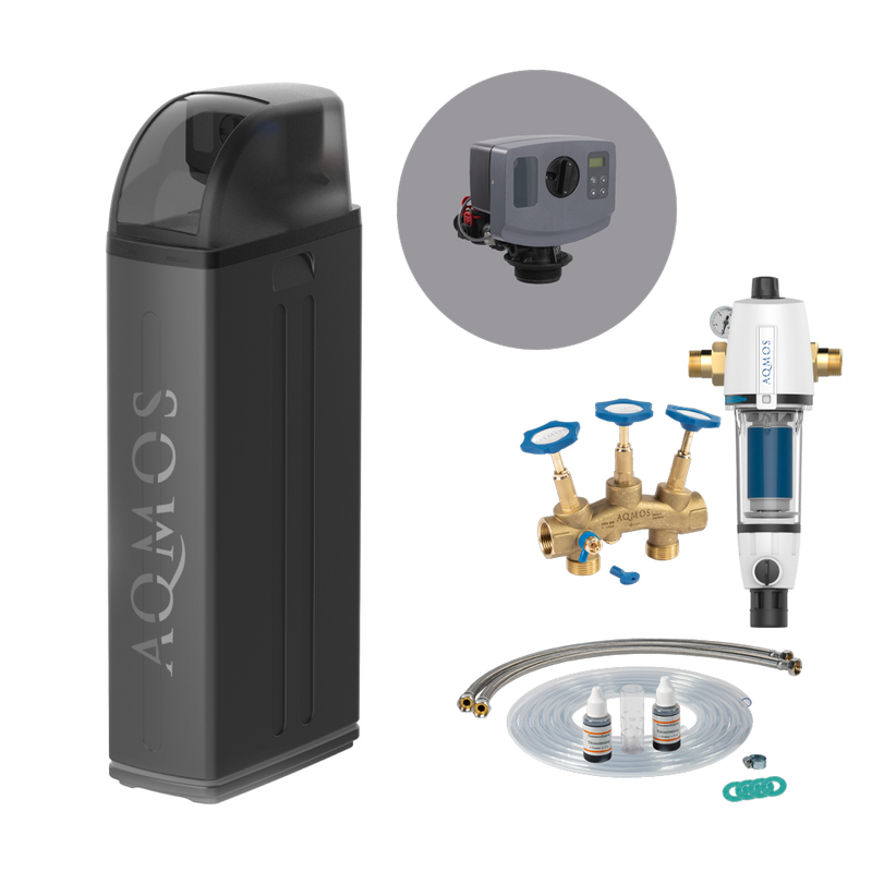 Vízlágyító berendezés AQMOS R2D2-72 Black Edition szett visszaöblítő szűrővel, csatlakozókészlettel és szerelőblokkal
