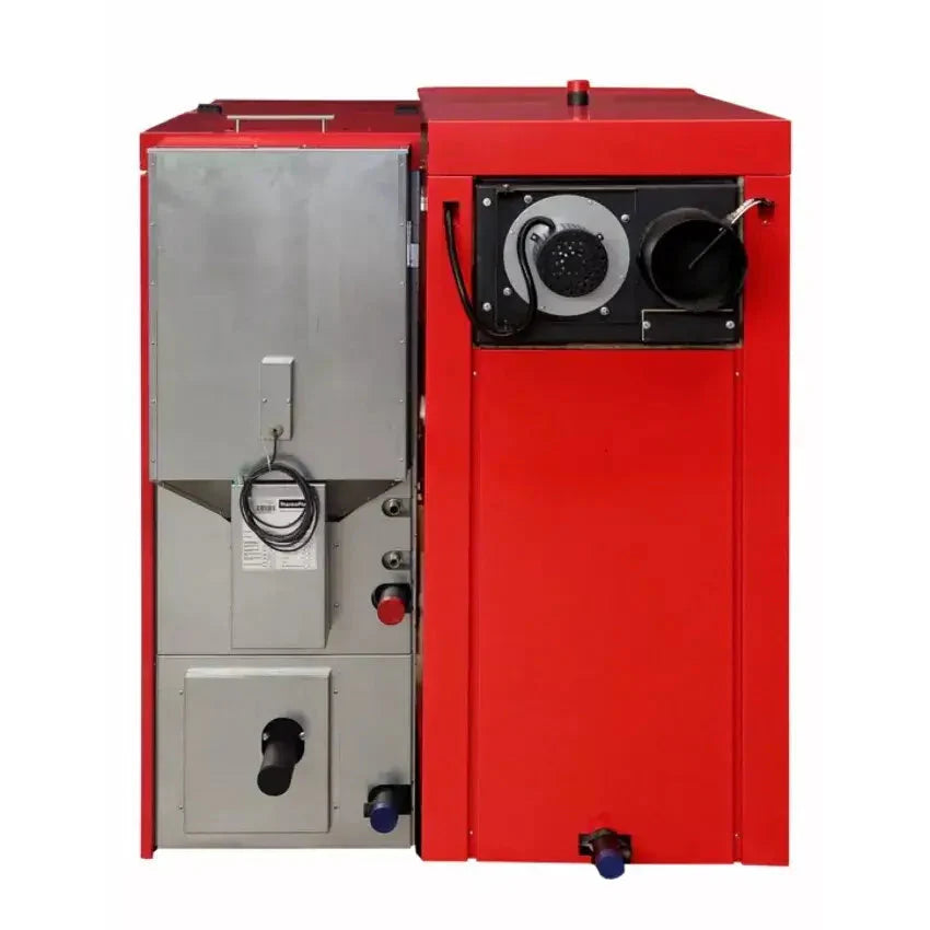 Roter und grauer Festbrennstoffkessel Thermoflux PID Logic Kombikessel 25 kW