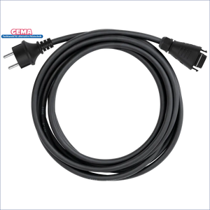 Schwarzes Netzkabel mit europäischem Stecker und Anschluss.