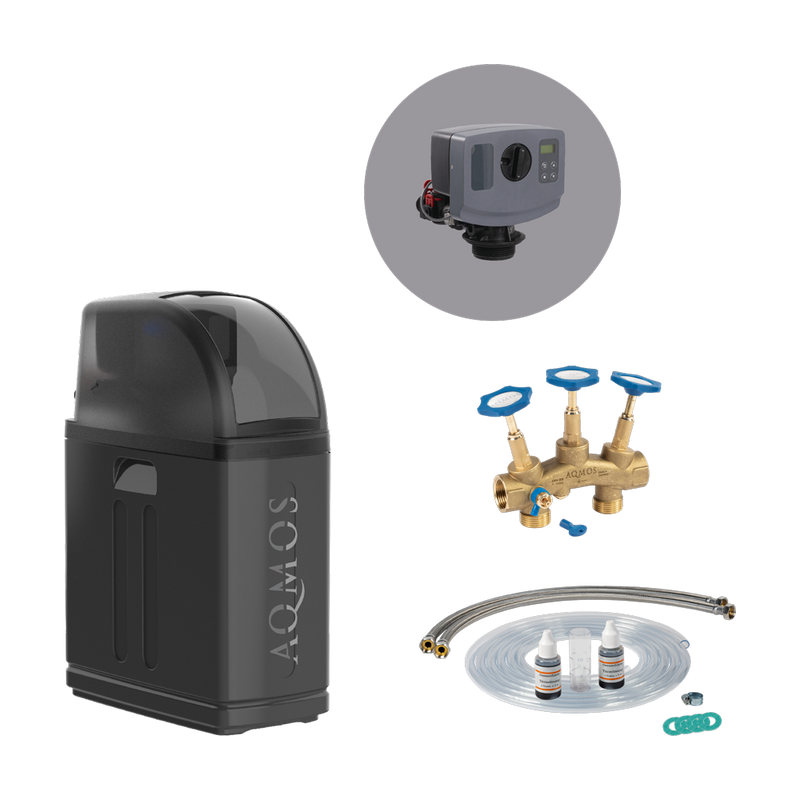 Wasserenthärtungsanlage Aqmos R2D2-32 Black Edition mit Anschlussset und Montageblock