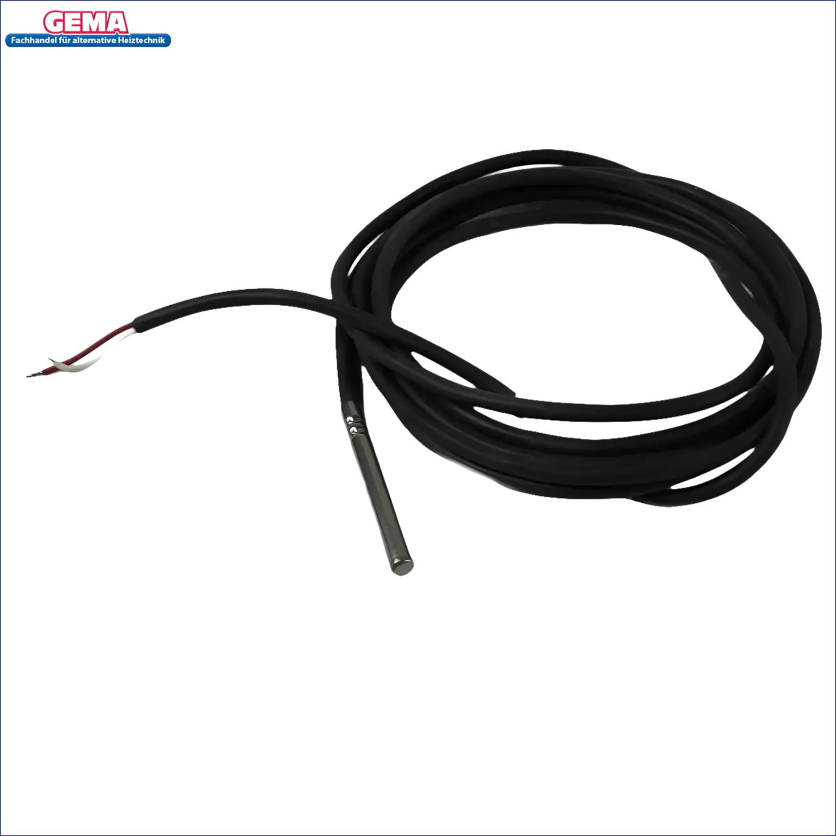 Schwarzes Kabel mit Metallsensor für Temperaturmessung am Lambda-Kessel Attack Kesselfühler