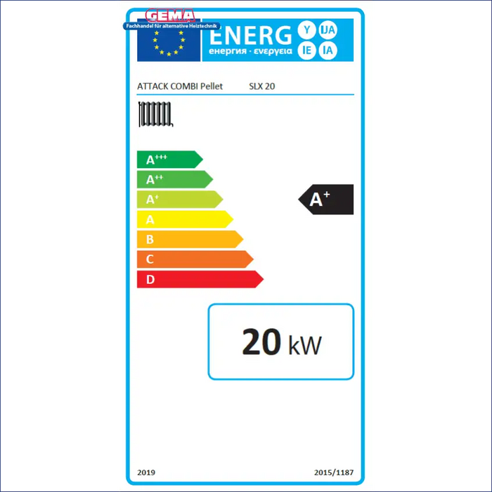 Energieeffizienzlabel für Attack SLX Kombikessel 20 kW mit A+ Bewertung und verschiedenen Effizienzstufen.