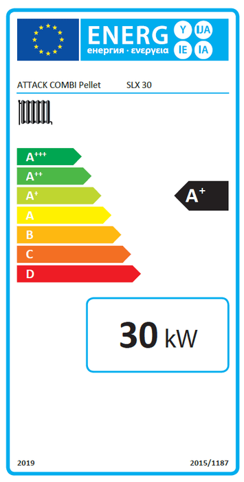 Energieeffizienzlabel für Attack SLX Kombikessel, zeigt A+ Rating und 30 kW Leistung 🔋💚