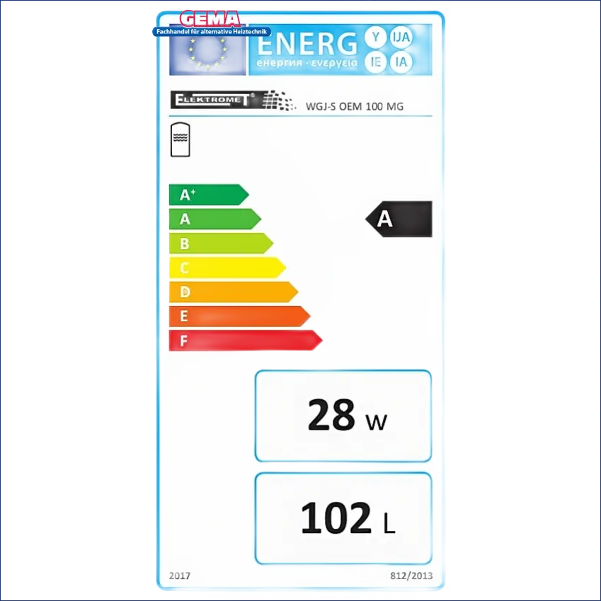 Energieeffizienzlabel für Warmwasser mit Photovoltaik Heizstab auf Produktetikett