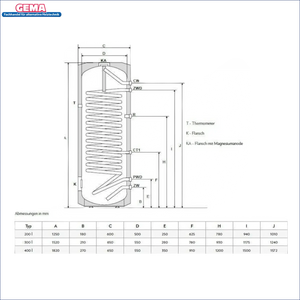 Wasserboiler Diagramm mit Abmessungen für Brauchwasserspeicher Maxi SE Defro