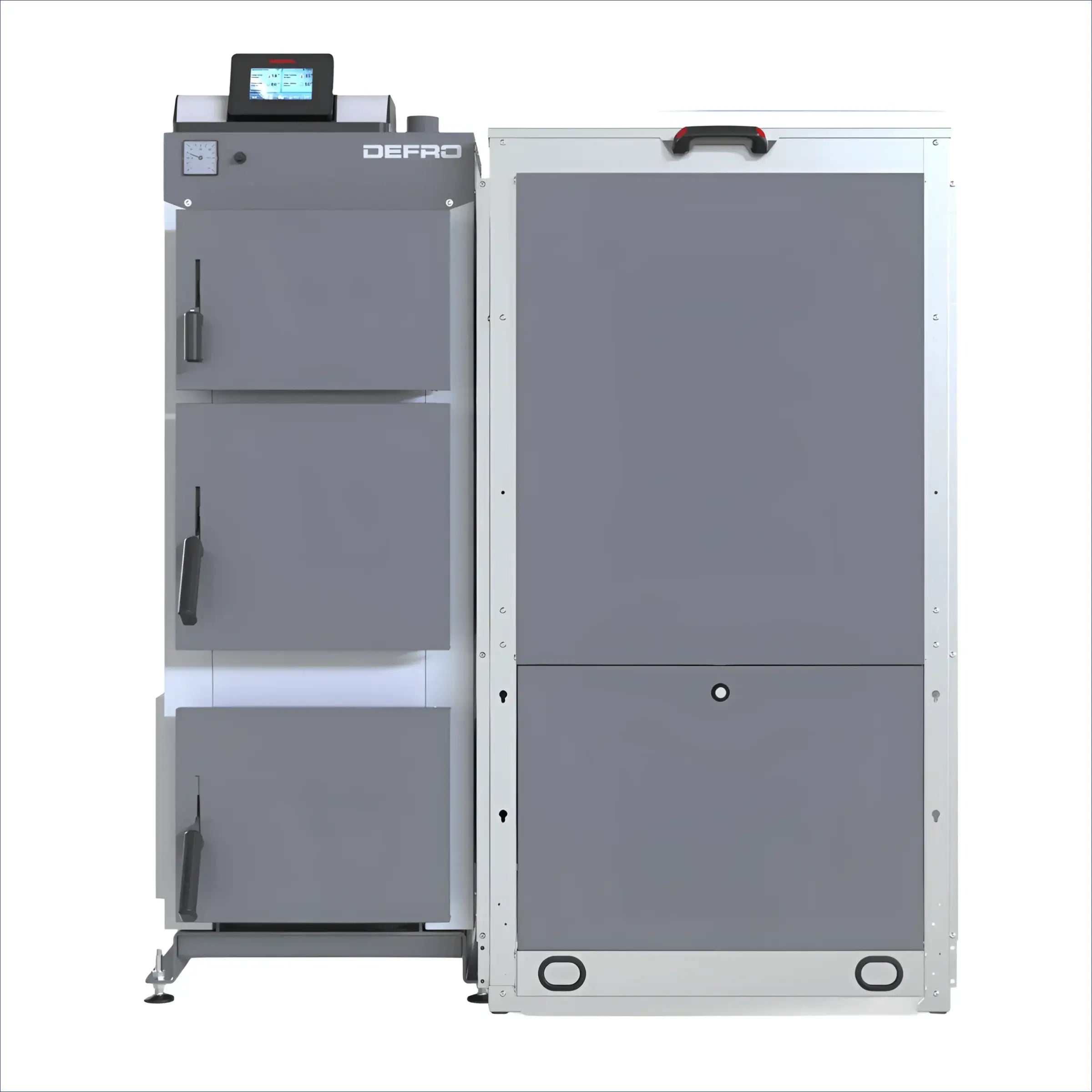 Grauer weißer Industrieofen des Pelletkessel Defro Optima Ekopell 18 kW mit APC Regler