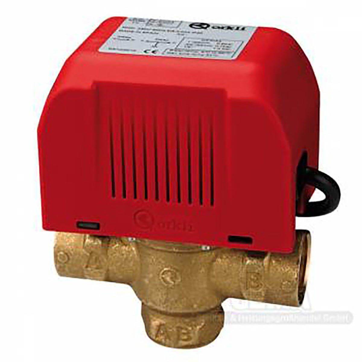 Orkli Zonenventil mit rotem Elektromotor und Messing-Dreihand-Ventil