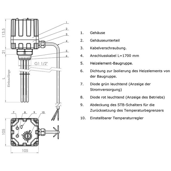 Elektroheizstab mit Regler und Thermostat 3 kW