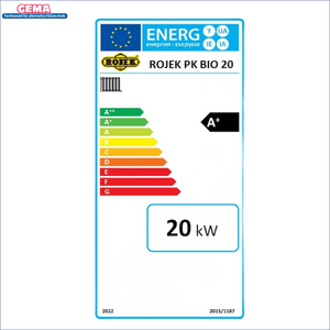 Energieeffizienzlabel für das Gerät Holzvergaser ROJEK PK BIO 20 kW Toploader Festbrennstoff
