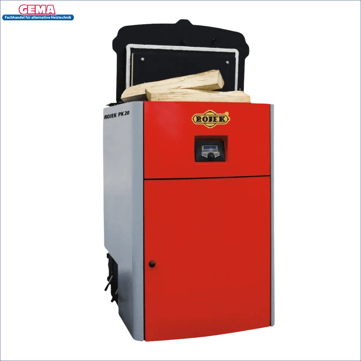 Roter und grauer Holzvergaser Boiler für das Produkt Holzvergaser ROJEK PK BIO 20 kW Toploader Festbrennstoff