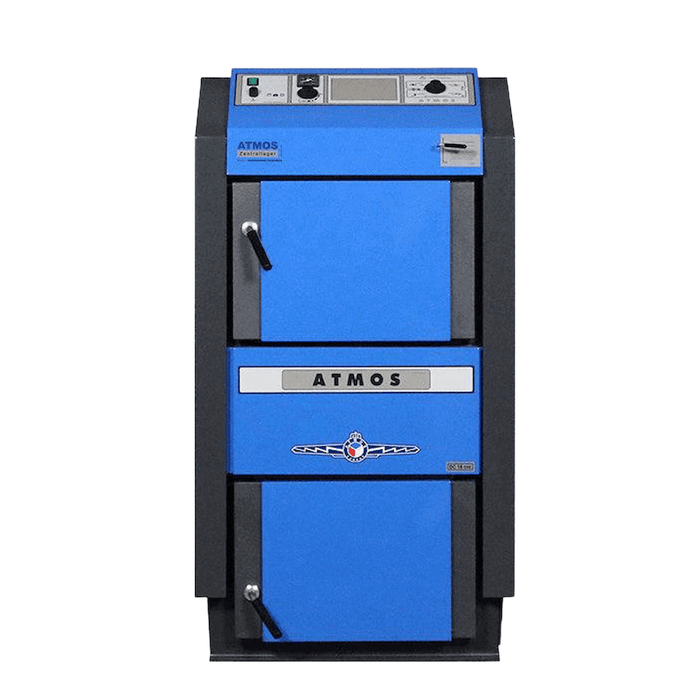 Holzvergaser Atmos DC 18GSE Heizkessel in Blau mit Touch-Regelung 🌡️ für effiziente Wärme ❄️🔥