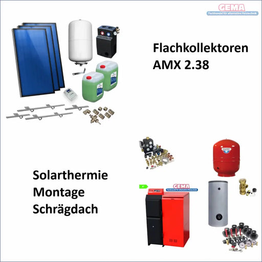 Solare Thermalsystemkomponenten für Warmwasser- und Pelletsysteme im Produktdisplay