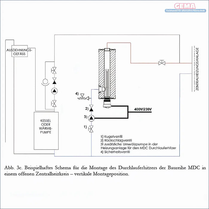 Diagramm eines Wasserheizungssystems für Nachheizmodul für Durchlauferhitzer MDC 230