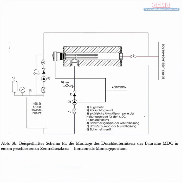 Diagramm des Heizsystems für Nachheizmodul MDC 230 für Durchlauferhitzer