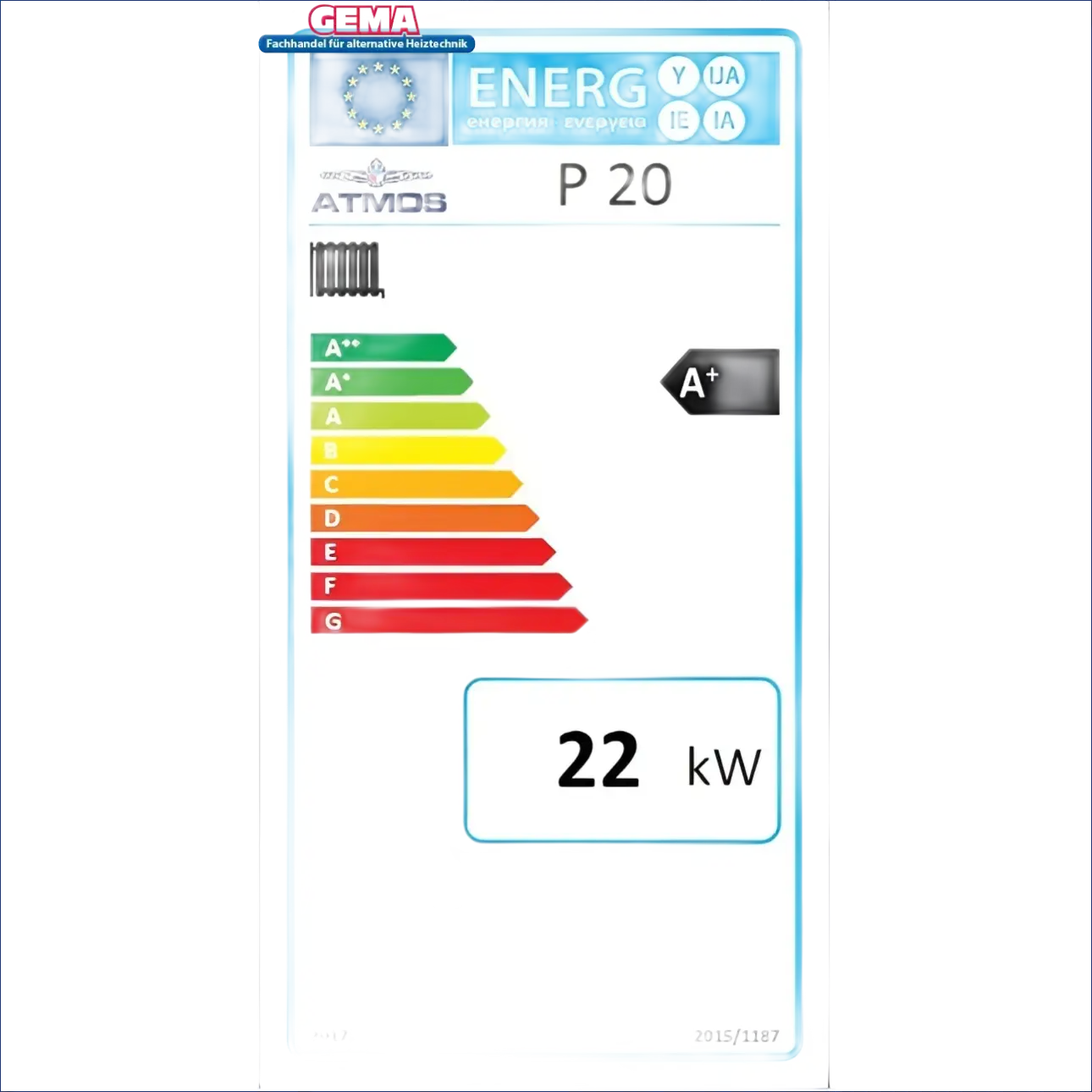 Energieeffizienzlabel für den atmos P20 Pelletkessel mit Holznotbetrieb, bafa förderfähig