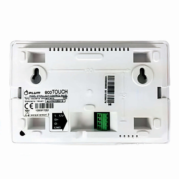 PLUM ecoTouch Raumthermostat 🎛️ Rückseite mit Anschlüssen und Spezifikationen für Heizungssteuerung 🏡