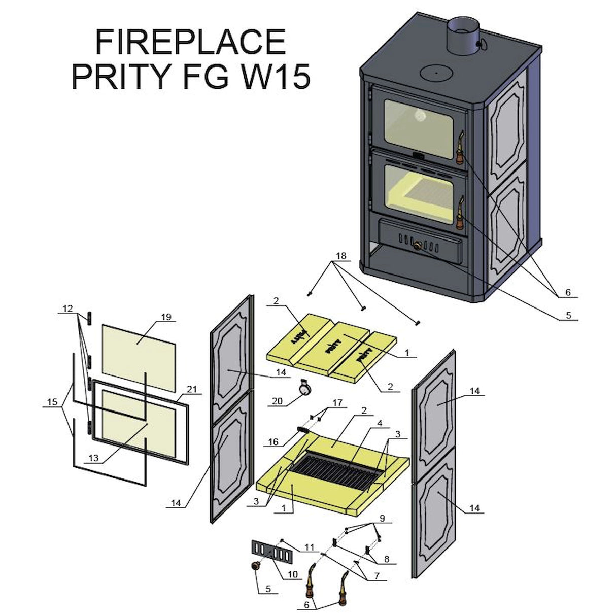 Vízbevezetéses fatüzelésű kályha sütőtérrel Prity FGW15 - 19,8 kW