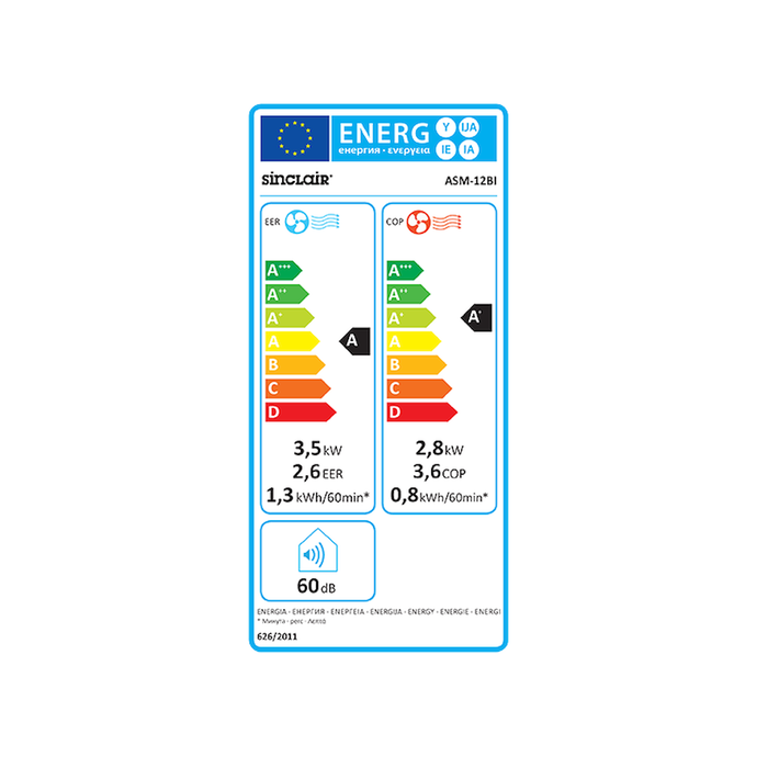 Energieeffizienzlabel der Klimaanlage ASM-12BI von Sinclair, zeigt Werte für EER und COP und Lautstärke. 🌬️💡