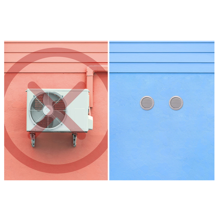 Klimaanlage- Monoblock ASM-12BI auf rosa Wand, frische Luft 💨 links, gesunde Luftzirkulation 🌬️ rechts.