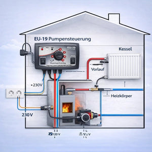 TECH EU-19 Pumpensteuerung für Heizkreispumpe Zentralheizung in einem schematischen Heizsystem.